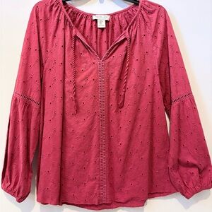 Rachel Zoe Raspberry Eyelet Tie-Neck Peasant Blouse